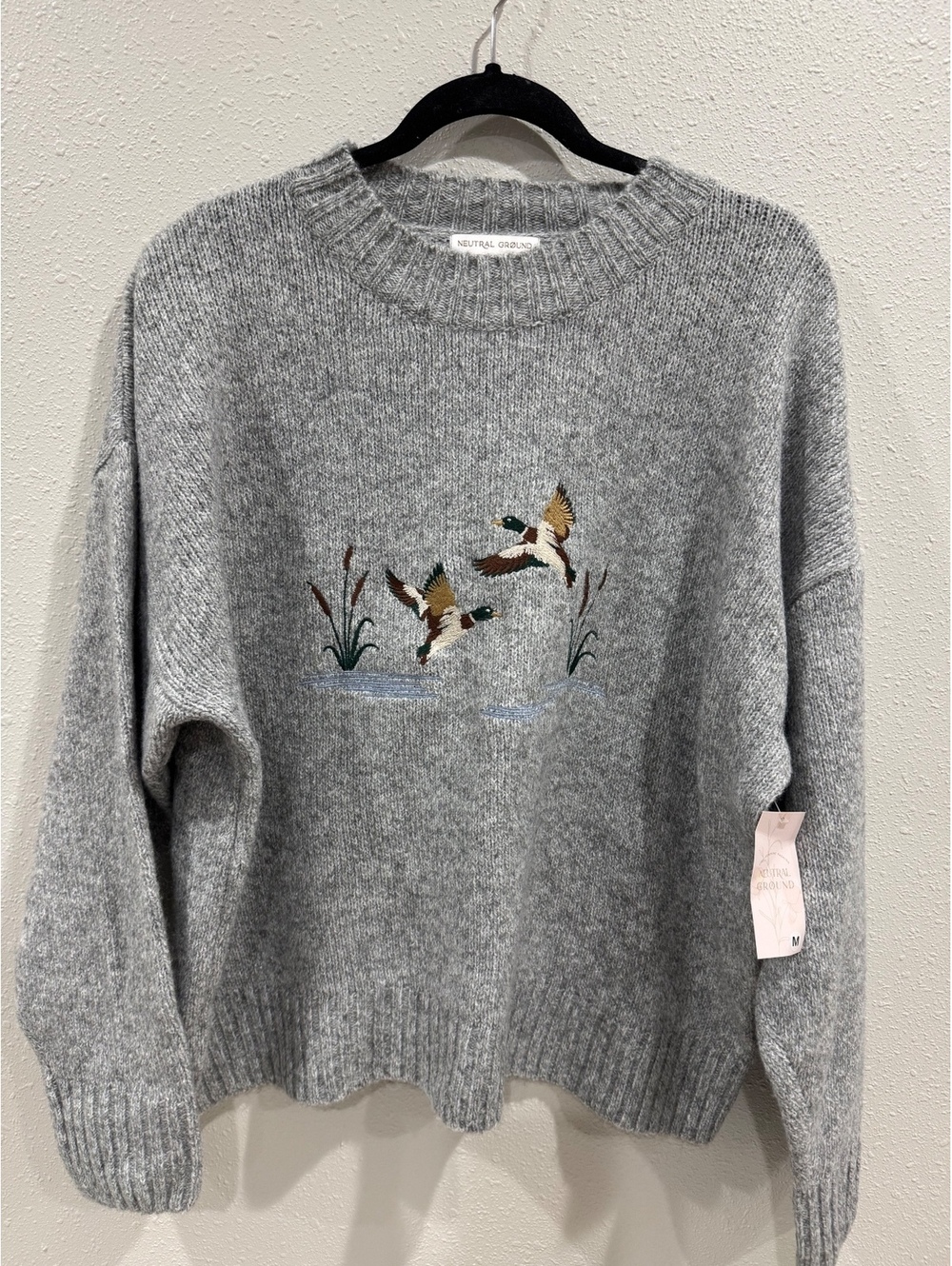 Neutral Ground Mallard Duck Embroidered Gray Sweater Wool Blend Medium